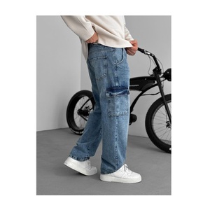 Pantalones vaqueros tejidos Hip Hop de algodón 100% de alta calidad para hombre, cintura media, pierna ancha, deportivos, informales, holgados - Product Image 3