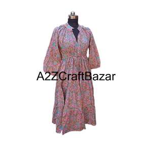 Robe mi-longue moulante à manches courtes et col en V, en coton 100% fait main, à imprimé floral bohème sexy, avec des franges et des volants pour l'été - Product Image 5