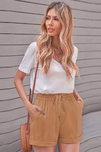 Pantalones cortos ligeros para mujer, pantalones cortos informales holgados a la moda, pantalones cortos cómodos con cordón de cintura elástica, 85% algodón, 15% poliéster, pantalones cortos - Product Image 4