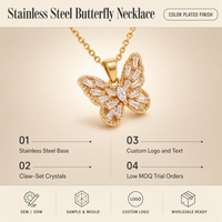 Collier pendentif papillon en acier inoxydable, bijoux avec breloque en cristal, fournisseur en gros OEM ODM