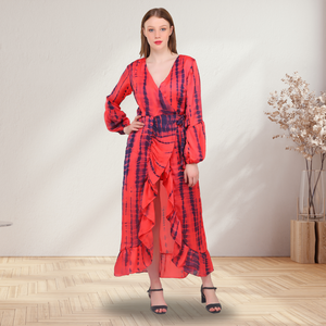 เดรสแม็กซี่ประดับด้วยมือหรูหราจากผู้ผลิตอินเดียดีไซน์เป็นจีบและงานแฮนด์เมดที่สวยงามสำหรับใช้ในงานเฉลิมฉลอง - Product Image 1