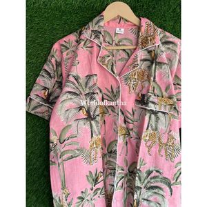 Ensemble de pyjama à imprimé floral pour femmes, fait à la main, doux et à manches courtes, vêtements de nuit tissés pour le printemps, l'été et la nuit grande taille - Product Image 2