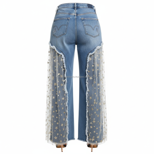 Pantalones Acampanados de Mezclilla Y2K para Mujer, Casuales, Transpirables, con Lentejuelas de Estrellas, Malla y Parches, de Cintura Alta, Lavado de Color, con Tul Transparente, Estilo Urbano - Product Image 6