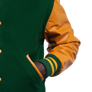 Blouson universitaire unisexe en laine avec manches en cuir, fermeture éclair, style bomber, patchwork respirant, couleurs vives pour équipe - Vente en gros - Product Image 6