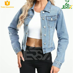 Long Sleeve Women's Basic Button <b>Denim</b> Crop <b>Jacket</b> 100% Cotton Breathable <b>Lightweight</b> Winter Woven Blue Outerwear Chest Pockets - Product Image 4