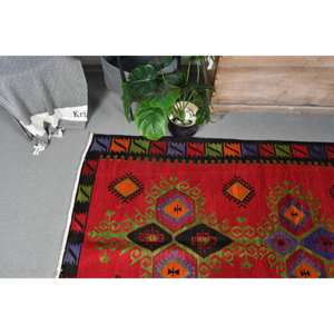 Vintage Turkish Large Area Rug 3.8 X 7.2 ft <b>Red</b> Boho Style Patchwork Design <b>Wool</b> Material 10mm Latex for Hallway Room Decor - Product Image 2