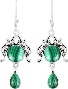 Pendientes de piedras preciosas de malaquita, pendientes de forma redonda de Plata de Ley 925 sólida para mujeres y niñas, Pendientes colgantes, joyería de plata - Product Image 4