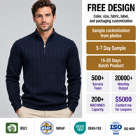 Pull à col zippé pour homme FNJIA, bleu marine, tricot texturé, décontracté, pour le bureau, automne, fournisseur en gros de vêtements en tricot personnalisés OEM, Europe