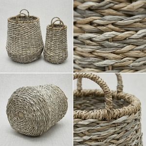 Natural Seagrass Recycled <b>Plastic</b> <b>Basket</b> Set Tapered Urn Vase Arch Handle Planter Pot Organizer Setup Decor Pure Art Room Design - Product Image 2