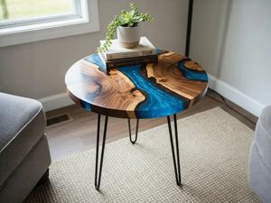 Table à manger en bois d'acacia en résine moderne de luxe faite à la main, résine bleue, imperméable, table de salon, mariage, retraite, Diwali - Product Image 4