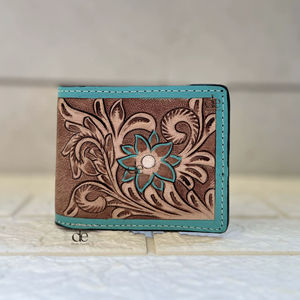 Western Pattern Hand Tooled Leather Men's Wallet Long Zipper Hot Sale Fashion Stylish Turquoise <b>Colour</b> Cash Holder Gift for Him - Product Image 1