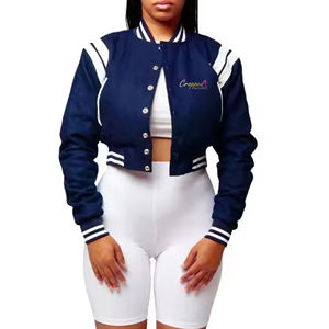 Chaquetas universitarias recortadas para mujer al por mayor, Top corto con manga de piel auténtica, chaquetas universitarias de béisbol de talla grande para mujer - Product Image 5