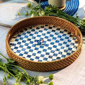 BANDEJAS DECORATIVAS DE MADRE DE PERLA de alta calidad con borde de ratán natural para comedor y servicio de té - Product Image 1