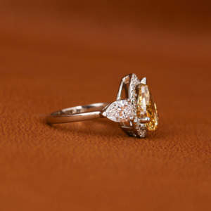 Yellow Pear Cut Lab Created Diamond Three Stone Halo Engagement Ring Round Cut Diamond 14KT <b>Solid</b> Gold Anniversary Gift Ring - Product Image 6
