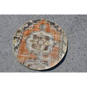 Alfombra de área de lana turca Vintage 2,8 X 2.8ft naranja Beige diseño de retazos tejido plano área grande para decoraciones de sala de estar látex - Product Image 3