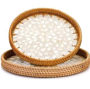 Plateau de service en bois pour la décoration de table, vaisselle, service de nourriture, design en incrustation d'os, plateau de service en rotin pour la nourriture, la salade et les fruits - Product Image 1