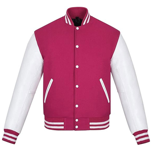 <b>Men's</b> Pink <b>White</b> Varsity <b>Jacket</b> Stand Collar Casual Baseball Coat Regular Fit Polyester Cotton Material Autumn Wear - Product Image 1