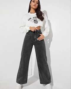 Pantalones vaqueros de pierna ancha rectos informales de cintura alta para mujer al por mayor, ropa de calle femenina lavada, Vaqueros de moda personalizados - Product Image 2