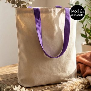 Sac fourre-tout en toile moyen de 10 oz avec poignées en ruban violet, 14 x 16 pouces (35x40 cm), lettres imprimées par transfert thermique pour usage quotidien et cadeaux - Product Image 2