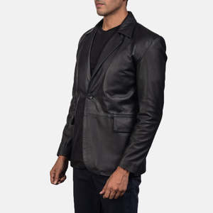 Blazer en cuir noir Daron à motif imprimé, fermeture double et simple boutonnage, longueur longue, grande taille - Product Image 2