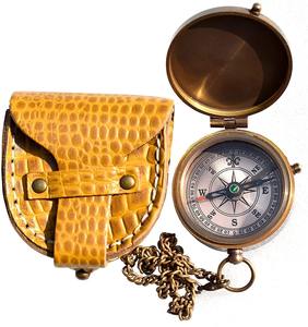 Vintage Brass Art Deco Pocket <b>Compass</b> with Movable Chain and Leather Case Metal Handicraft <b>Antique</b> Nautical Direction Finder - Product Image 3