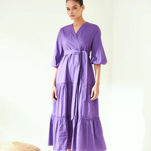 ชุดเดรสฤดูร้อนสไตล์โบฮีเมียนสำหรับวันหยุด, ชุดเดรสยาวมิดิสีม่วงพร้อมเข็มขัดผ้าคอตตอนชุดเดรสแม็กซี่100% เอวสูงลายธรรมชาติสีพื้น - Product Image 1