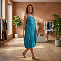 Robe midi sans manches à imprimé géométrique turquoise, coupe ample, col en U, tissée, décontractée, douce, estivale, écologique, respirante, taille naturelle