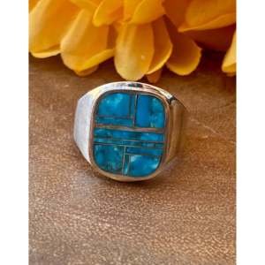 Navajo-Made Men's Inlay Ring with Kingman Turquoise & Sterling <b>Silver</b> Cultural Collectible Jewelry Size 13.75 - Product Image 1