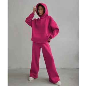 Winter Two Piece Wide Leg Sweatpants <b>Hoodie</b> Set Women High Quality Custom Fleece Solid ELEGANT Loose Fit Short Top Pullover - Product Image 1