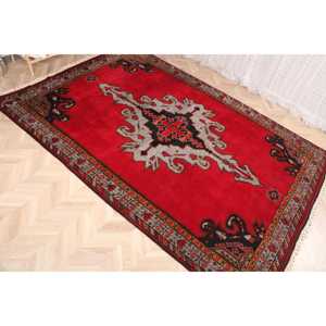 Turkish Oversize Rug 7.1x10.3 ft (215x315 cm), Vintage <b>Red</b> Geometric <b>Wool</b> Rug - Product Image 3