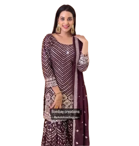 Ensemble de vêtements ethniques de créateur pakistanais 3 pièces brodés à paillettes indiennes Sharara Gharara Kurti Georgette Occasions spéciales - Product Image 1