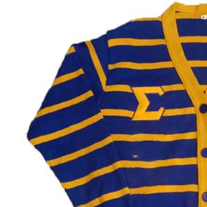 Cárdigan de punto a rayas azul dorado informal para mujer, ropa de invierno con letras griegas para fraternidad, apliques de colocación frontal - Product Image 5
