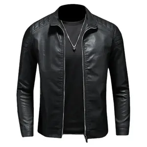 Chaqueta de bombardero personalizada con letras de cuero marrón sin cuello de talla grande con detalle de parche para hombre - Product Image 4