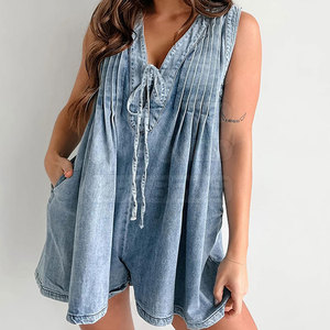 Moda Casual tejido Jeans mameluco hasta la rodilla aspecto elegante 100% algodón transpirable para venta en línea - Product Image 3