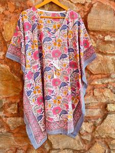 ชุดคลุมอาบน้ำแบบ caftan สั้นผ้าฝ้ายทำมือพิมพ์ลายใบไม้กุหลาบชุดคลุมเอวธรรมชาติชุดนอนชายหาดซักได้ - Product Image 3