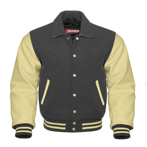 Good Work parches bordados Unisex Sport Varsity Jacket/chaqueta Varsity con cuello de cuero real blanco y lana gris oscuro para hombre - Product Image 5