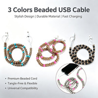 Câble de charge USB perlé à motif vintage 4-en-1, décor élégant, sans nœuds, flexible, multicolore, cadeau, vente en gros
