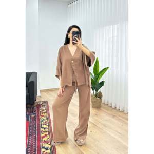 Conjunto de Dos Piezas LUSTRIN para Mujer, Blusa Cruzada de Mezcla Modal y Pantalones Anchos de Cintura Alta con Detalle de Lazo en la Cintura, Atuendo Casual Marrón - Product Image 4