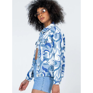 Chaqueta de bombardero de gran tamaño con diseño personalizado para mujer, vaquero lavado Vintage, bordado gráfico, borde crudo, dobladillo, cremallera completa, relleno de algodón - Product Image 2