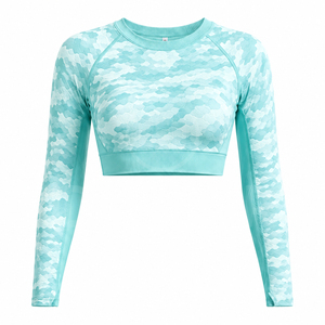 Conjunto de Top de Manga Larga para Mujer con Estampado por Sublimación de Poliéster y Cierre Cruzado, con Leggings de Cintura Alta y Efecto Scrunch para Sentadillas - Product Image 2