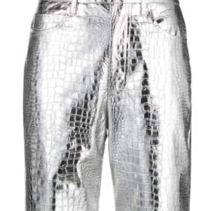 Birger Christensen Pantalon droit à taille haute en crocodile gaufré Finition métallisée Couture tonale Cinq poches Boucles de ceinture - Product Image 6