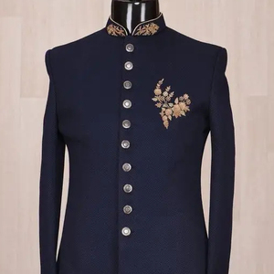 Stunning Embroidery on Navy Sherwani, Pant & Matching Embroidery <b>Shoe</b> with Embellished Crystal Glass Beads,stone,dabka <b>Work</b>@2024 - Product Image 1