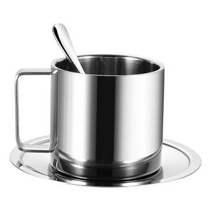 INDIEN 304 acier inoxydable soucoupe ensemble Double couche isolé lait tasse à café après-midi tasse à thé bureau tasse à thé - Product Image 4
