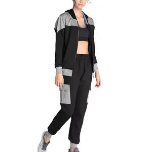 Color Block Negro Gris Cargo Bolsillos Estilo Conjunto de dos piezas Ropa casual Ropa de calidad superior Hecho Mujeres Jogging Wear Chándales - Product Image 3