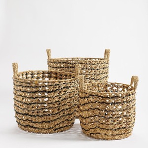 Ensemble de 3 paniers en jonc de mer tressé à la main avec surpiqûres noires, paniers de rangement faits à la main, vente en gros, écologiques, fabriqués au Vietnam - Product Image 1