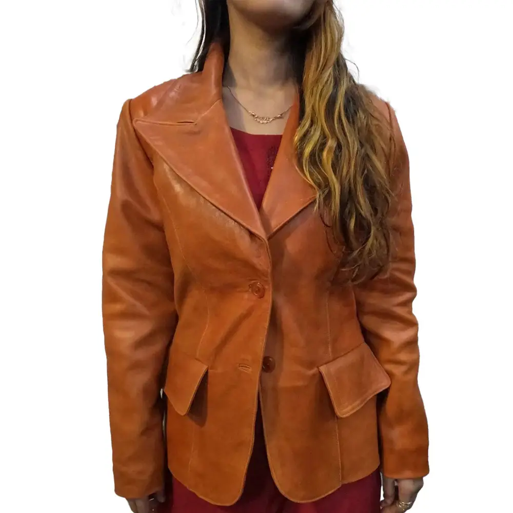 OEM bayan deri Blazer ofis giyim resmi deri ceket şık ünlü ceket iki düğme kuzu derisi deri ceket