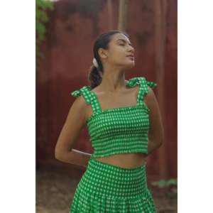 Women's Bohemian Cotton Top Skirt <b>Set</b> Indian Hand Block Check Print Summer Crop Top and Skirt with Adjustable <b>Tie</b> Straps - Product Image 2