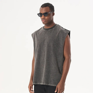 T-shirt oversize en coton épais pour hommes, T-shirt sans manches imprimé avec logo délavé à l'acide de style vintage, en tissu de jersey vierge, vente en gros - Product Image 5