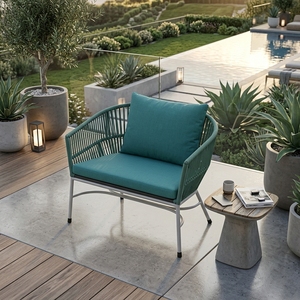 Fauteuil de jardin extérieur bleu sarcelle avec structure en métal blanc, chaise longue en corde tressée verte bleu sarcelle, chaise de patio moderne pour jardin - Product Image 2