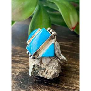 Genevieve Francisco Kingman <b>Ring</b> Fashionable Turquoise Sterling <b>Silver</b> Bezel Setting Rose Gold 18K Plating Size 12 Perfect Gift - Product Image 4